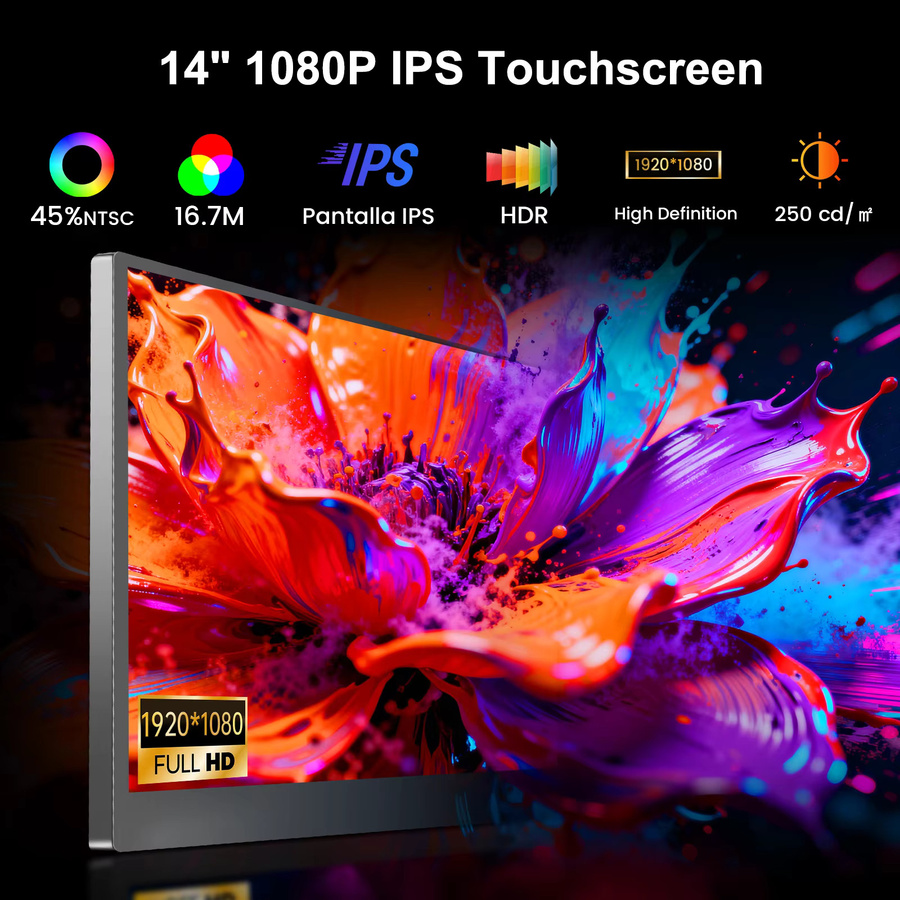 UNEW 14 Zoll IPS Touchscreen-Monitor Full HD 1080P mit 10-Punkt-Touch, HDMI, VGA, DVI, Lautsprecher und VESA-Halterung, Schwarz - Bild 3