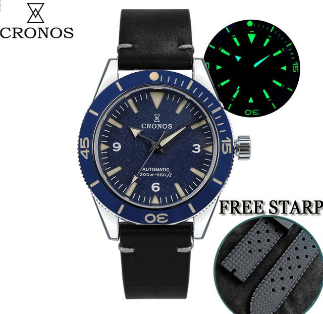 Cronos Sea Master 300 Diver Herrenuhr, Automatik, Edelstahl, Leder, Blau - Bild 1