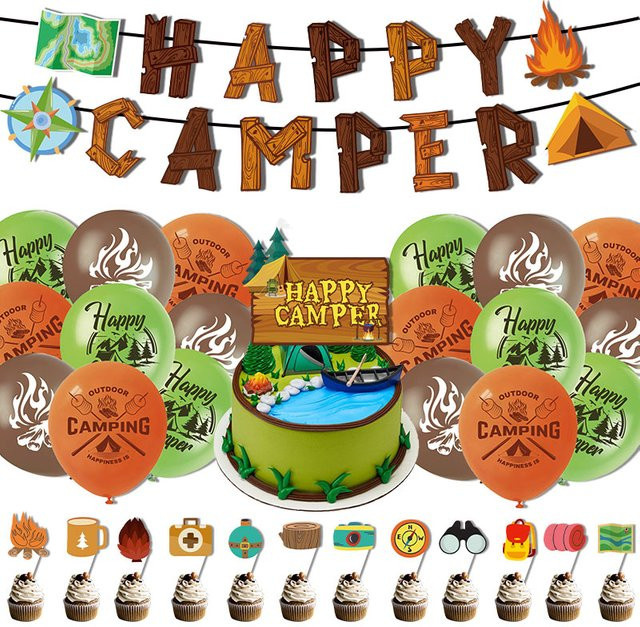 Joy-enlife Outdoor Camping Motto Party Dekoration Set mit Happy Camper Banner, Kuchen Topper und bunten Latex Ballons für Kinder Geburtstage in Mehrfarbig - Bild 1
