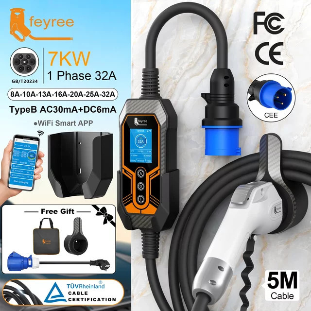 Feyree GB/T EV-Ladegerät Tragbare Verbesserte Version mit Wandhalterung 7KW 32A 1-Phasen EVSE-Ladebox GB/T-Stecker WLAN-App-Version in Schwarz - Bild 1
