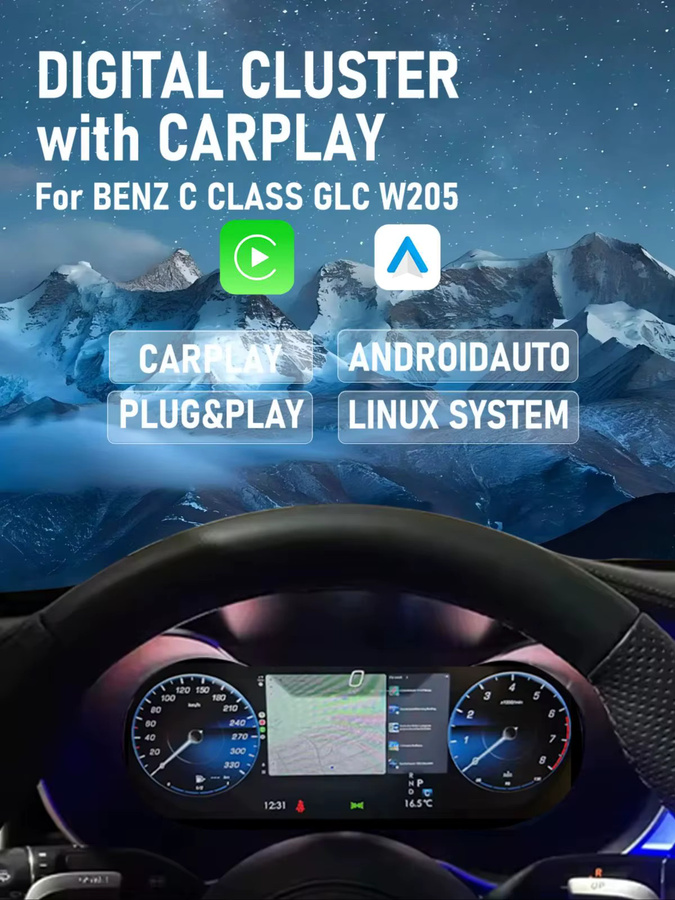 BONROAD 12,3 Zoll LCD Digitales Armaturenbrett mit kabellosem CarPlay und Android Auto für Mercedes Benz C-Klasse GLC W205 in Schwarz - Bild 5