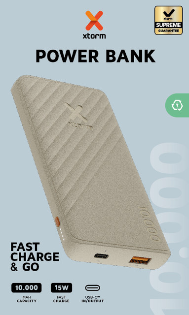 Xtorm Go2 Powerbank 10.000mAh mit 15W Fast Charge in Beige mit USB-A und USB-C Anschlüssen - Bild 1