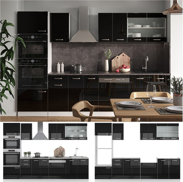 Vicco Küchenzeile R-Line Solid modern in Weiß und Schwarz, Breite: 300 cm - Bild 1