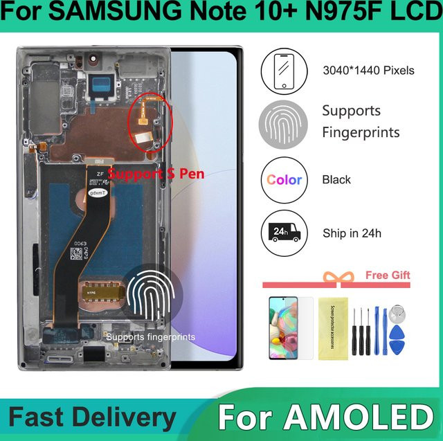 Samsung Note 10 Plus Amoled LCD-Display mit Touchscreen und Rahmen in Silber für N975 N9750 - Bild 1