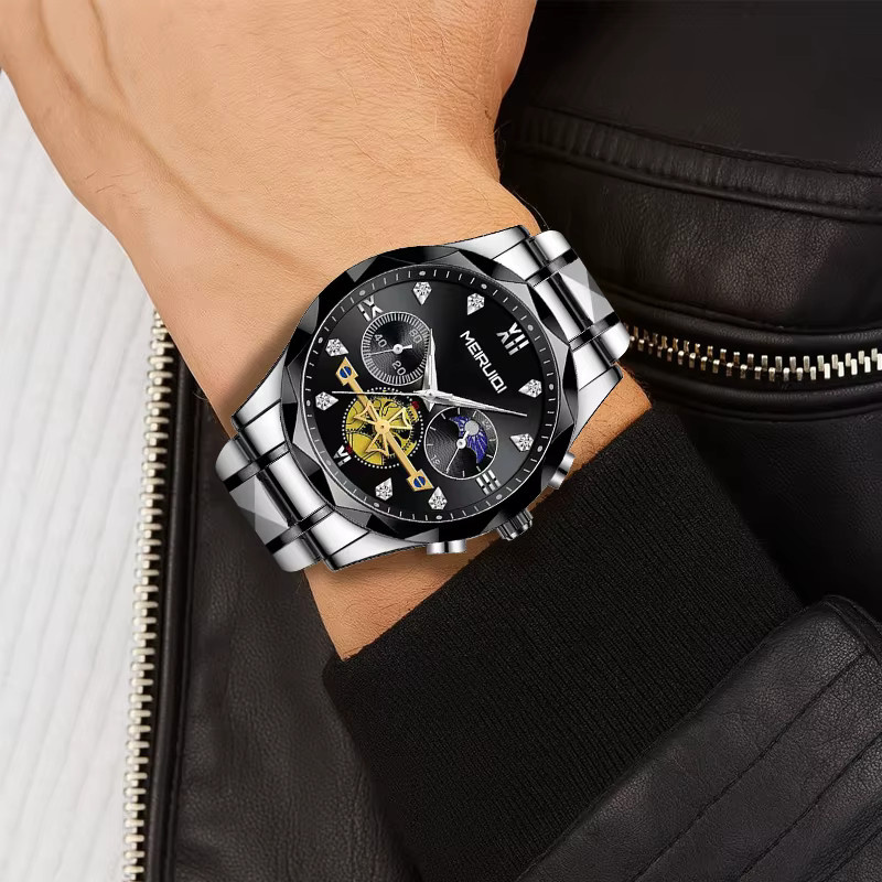 MEIRUIQI Armbanduhr Quarz, Edelstahl, Schwarz, Herren - Bild 3