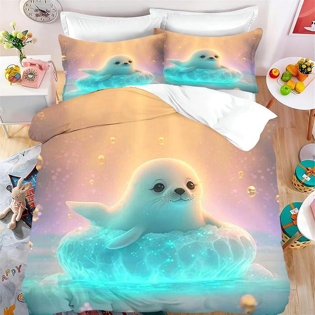 Allbestart Bettwäscheset mit Robben-Motiv für Kinder, blaues Mikrofaser Bettwäsche-Set bestehend aus Bettbezug und Kissenbezügen, B/H: 90 x 200 cm, B/H: 50 x 70 cm - Bild 1