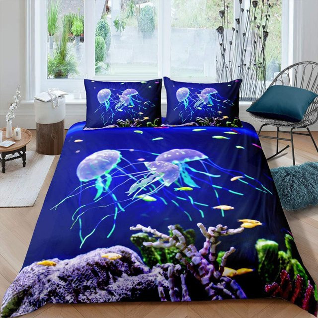 Wucifang Bags Bettwäsche-Set Königin-Quallen in Blau mit Meeres-Tier-Motiv für Kinder und Teenager, 3-teilig, B/H: 140 x 200 cm - Bild 1
