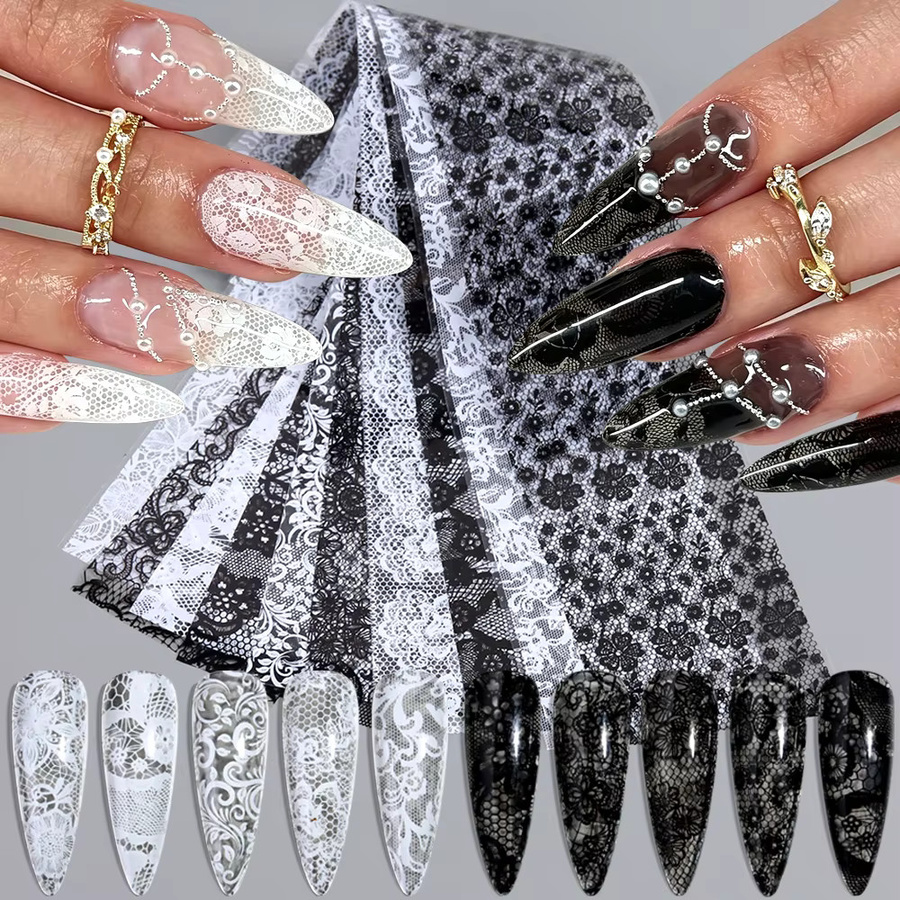Nagelkunst-Transferfolie, schwarz-weiß, Spitzenmuster, 10 Stück - Bild 3
