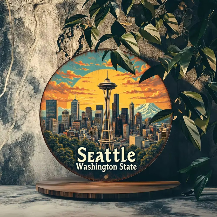 CIFbuy Vintage Seattle Skyline Aluminium-Wandkunst in Multicolour, rundes Metallschild für deine Heim- und Bürodekoration, B/H: 20 x 20 cm - Bild 3