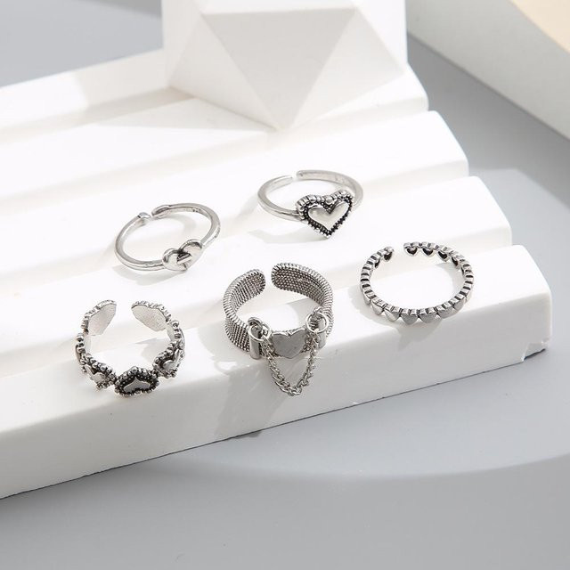 5-teiliges Set Kettengelenkring, geometrisch, offener Retro-Liebesring, Damen, white - Bild 1