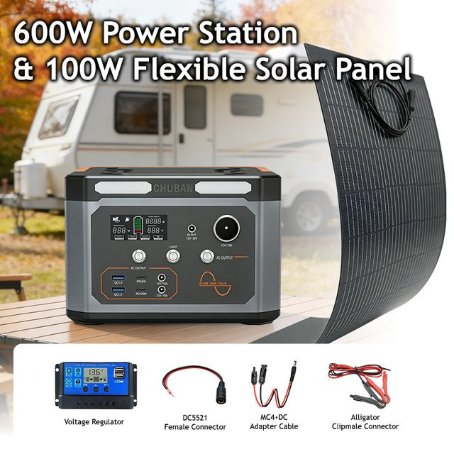CHUBAN Tragbare Powerstation 600W mit 100000mAh und optionalem 100W flexiblem Solarpanel MPPT in Schwarz - Bild 1