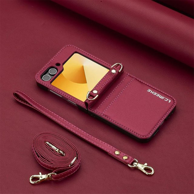 Crossbody Brieftasche Hülle für Samsung Galaxy Z Flip 6 5 4 3 5G aus Leder mit Kartenhalter und Lanyard in Rot - Bild 1