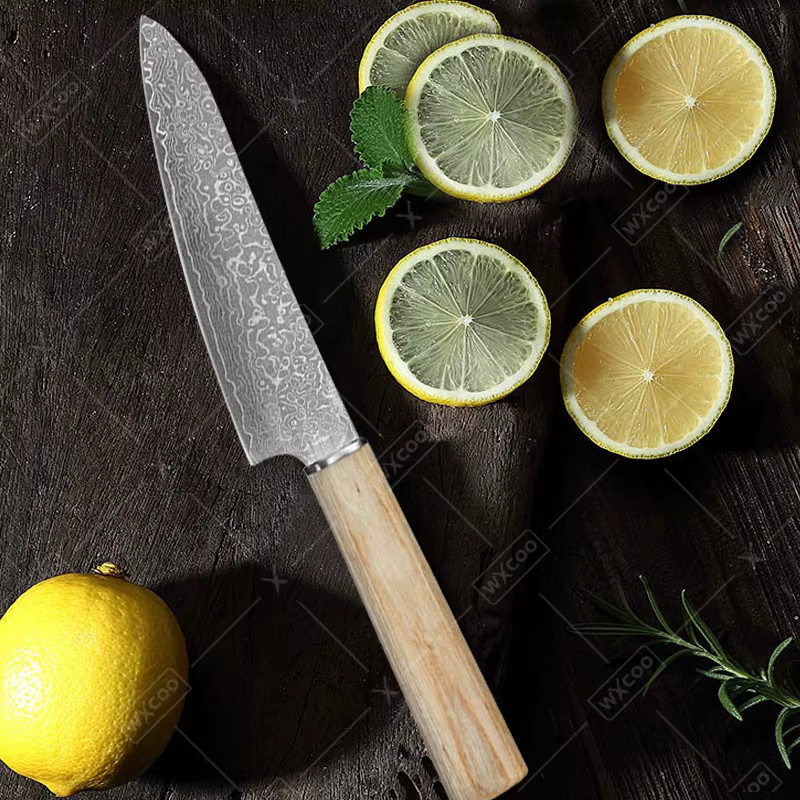 WXCOO Damaszener Stahlmesser mit VG10-Kern und Holzgriff als Allzweck-Küchenmesser für Fleisch, Obst und Gemüse inklusive Aufbewahrungsbox - Bild 4