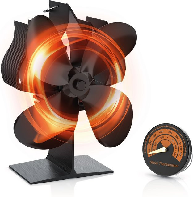 Brandson Kaminventilator in Schwarz mit Thermometer und 4 Rotorblättern, stromlos und leise - Bild 1