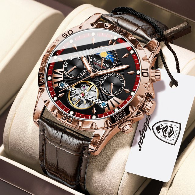 POEDAGAR Armbanduhr Automatik, Lederarmband, Roségold, Herren - Bild 1
