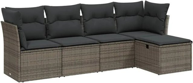 vidaXL 5-tlg Garten-Sofagarnitur in L-Form mit Kissen und Ottoman, Grau, Poly Rattan und Metallgestell - Bild 1