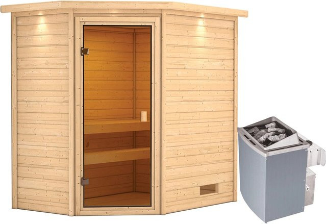 Woodfeeling Massivholzsauna Jella in Braun mit 9 kW Ofen, integrierter Steuerung und LED-Dachkranz, B/T/H: 195 x 145 x 223 cm - Bild 1