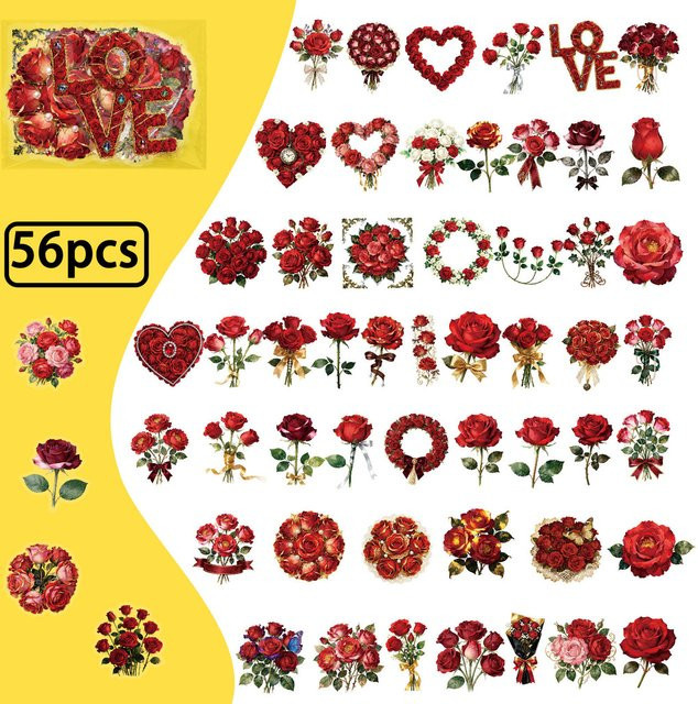 56 Stück Rote Rosen Blumenmuster Transparente PET-Aufkleber mit Herzförmigen Blumenstrauß-Stickern von Story Store - Bild 1