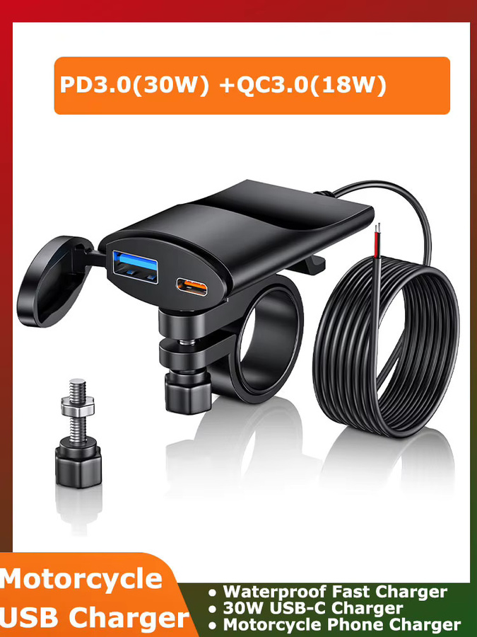 48W Dual Port Motorrad Ladegerät mit Lenker Montage Halterung, IP67 Wasserdicht, Schwarz - Bild 4