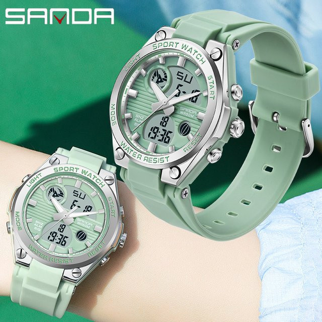SANDA Armbanduhr, Digitaluhr, Chronograph, Quarz, Grün, Damen - Bild 1