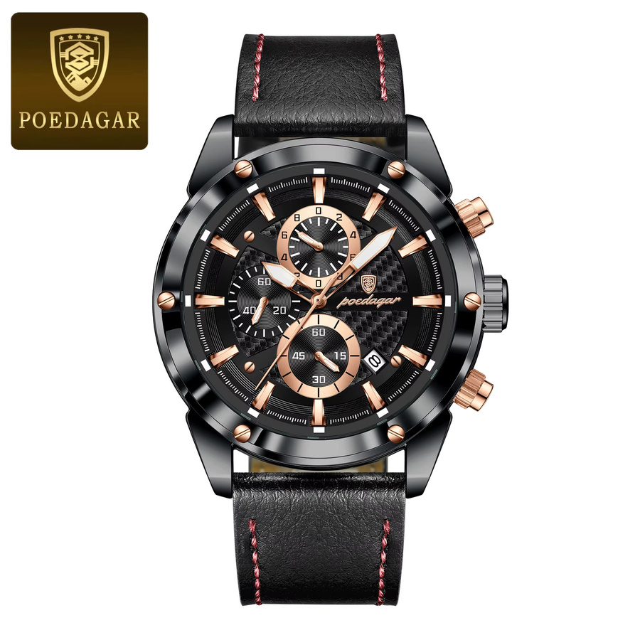 POEDAGAR Chronograph, Leder, Quarz, Schwarz, Herren - Bild 7