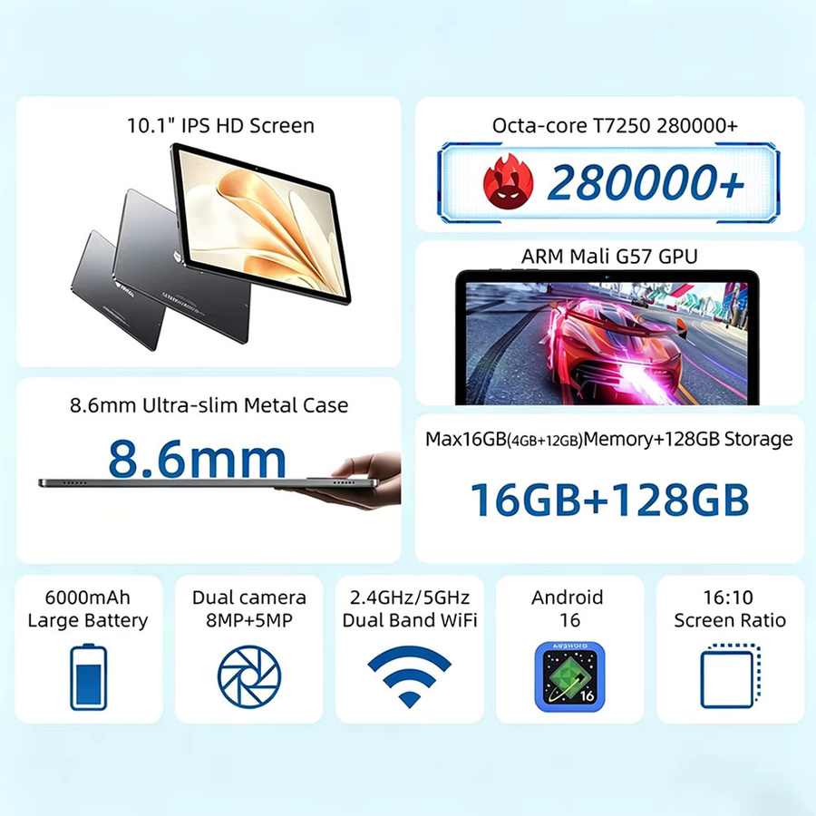 BMAX I10 Plus Tablet mit 10,1 Zoll IPS LCD, UNISOC T7250 8-Kern Prozessor, 16 GB RAM, 128 GB ROM, 6000mAh Akku, Android, WLAN und Bluetooth - Bild 2