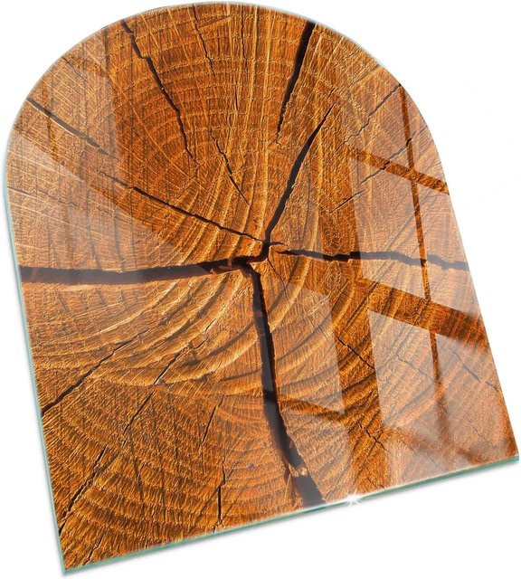 Tulup Glasplatte für Kamin in Orange mit Holzmaserung im Querschnitt, Halbkreis, B: 80 cm, T: 70 cm - Bild 1