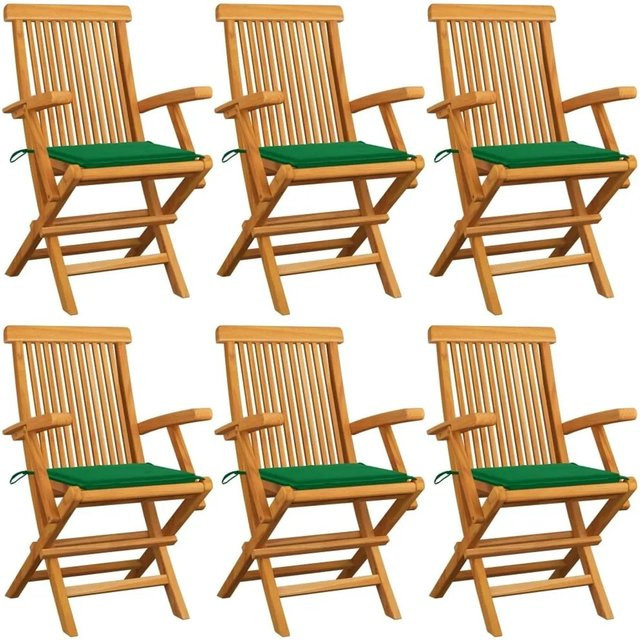 6er Set vidaXL Gartenstühle aus Teak-Hartholz mit grünen Polsterkissen - Bild 1