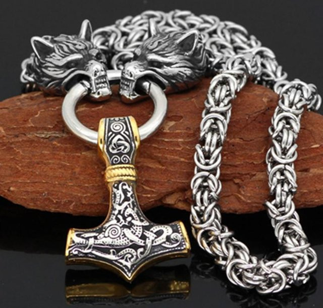 Nordic Halskette, Edelstahl, Gold, Wolfskopf und Thors Hammer Mjolnir, Herren - Bild 1