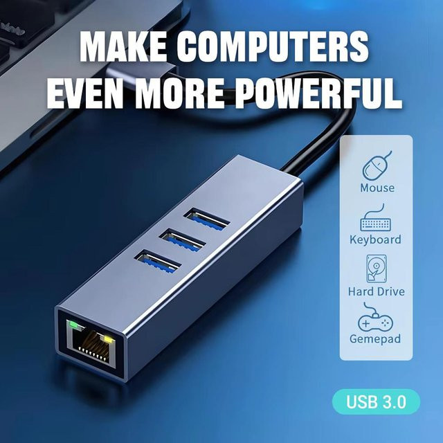 USB 3.0 zu RJ45 Ethernet Adapter mit 3-Port Hub, 1000 Mbit/s LAN-Konverter für Laptop, Desktop und Steam Deck, Farbe: Grau - Bild 1