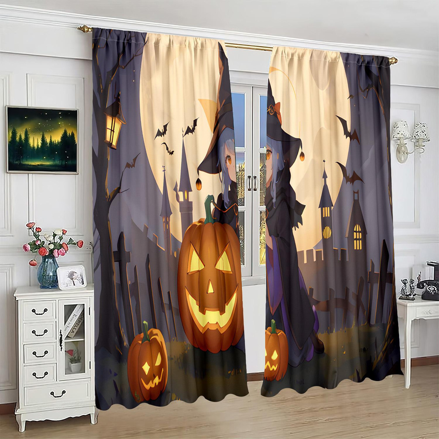 Yiran Furniture Halloween Vorhang Set aus Polyester, 2 Stück, mehrfarbig, semi-transparent, Breite: 76,2 cm, Höhe: 165,1 cm - Bild 3