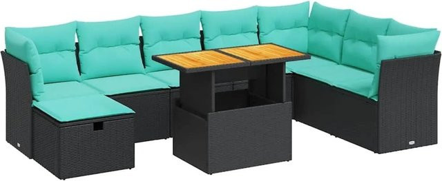 vidaXL 9-teilige Garten-Sofagarnitur in L-Form aus Polyrattan und Akazienholz mit grauen Kissen - Bild 1