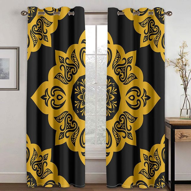 Zweiteiliges Vorhang-Set mit ägyptischer Mythologie Motiv in Gold, semi-transparentes Polyester für Wohnzimmer, Schlafzimmer oder Küche, B: 50 cm, H: 130 cm - Bild 1