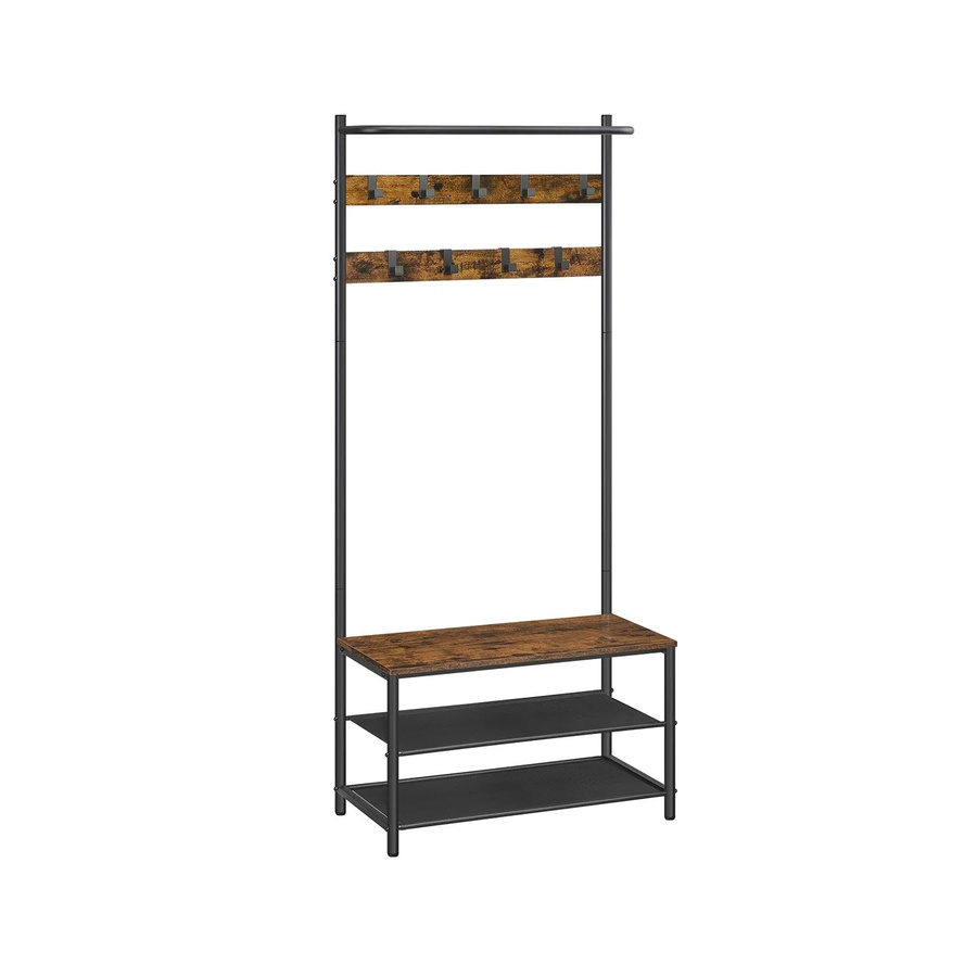 VASAGLE Garderobenständer mit Schuhbank und Kleiderstange, Braun-Schwarz, B/T/H: 64 x 32,2 x 180 cm - Bild 3