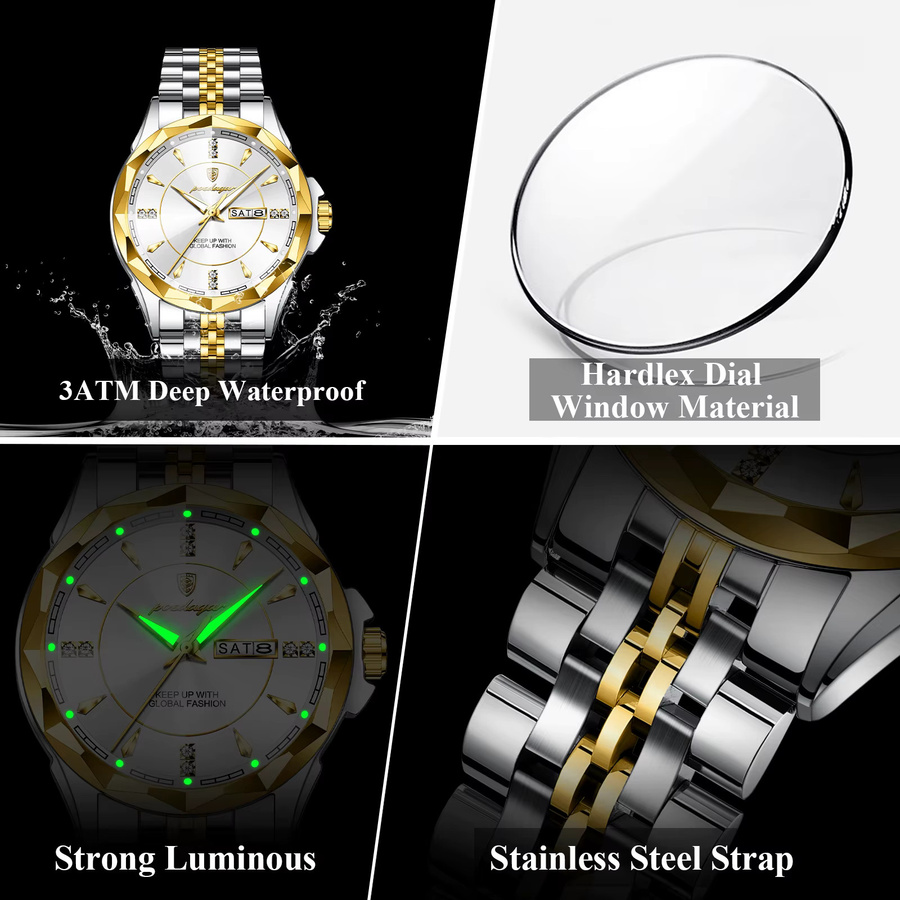 POEDAGAR Herren-Armbanduhr Edelstahl, Quarz, Gold, Datum, Wochentag - Bild 4