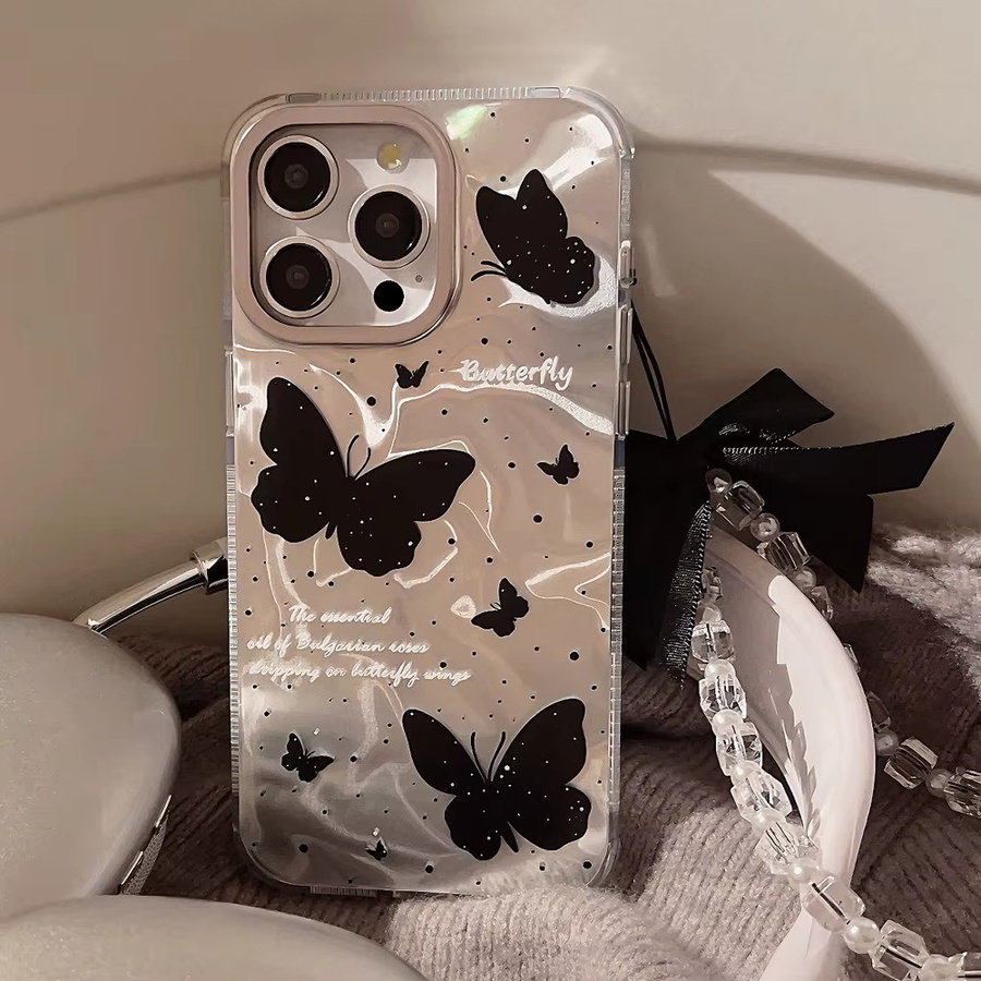 MUQGEW Stoßfeste iPhone Schutzhülle mit Schmetterlings-Wasserwellen-Design und Umhängeband in Schwarz und Transparent für iPhone 16 15 14 Plus 13 12 Pro Max - Bild 4