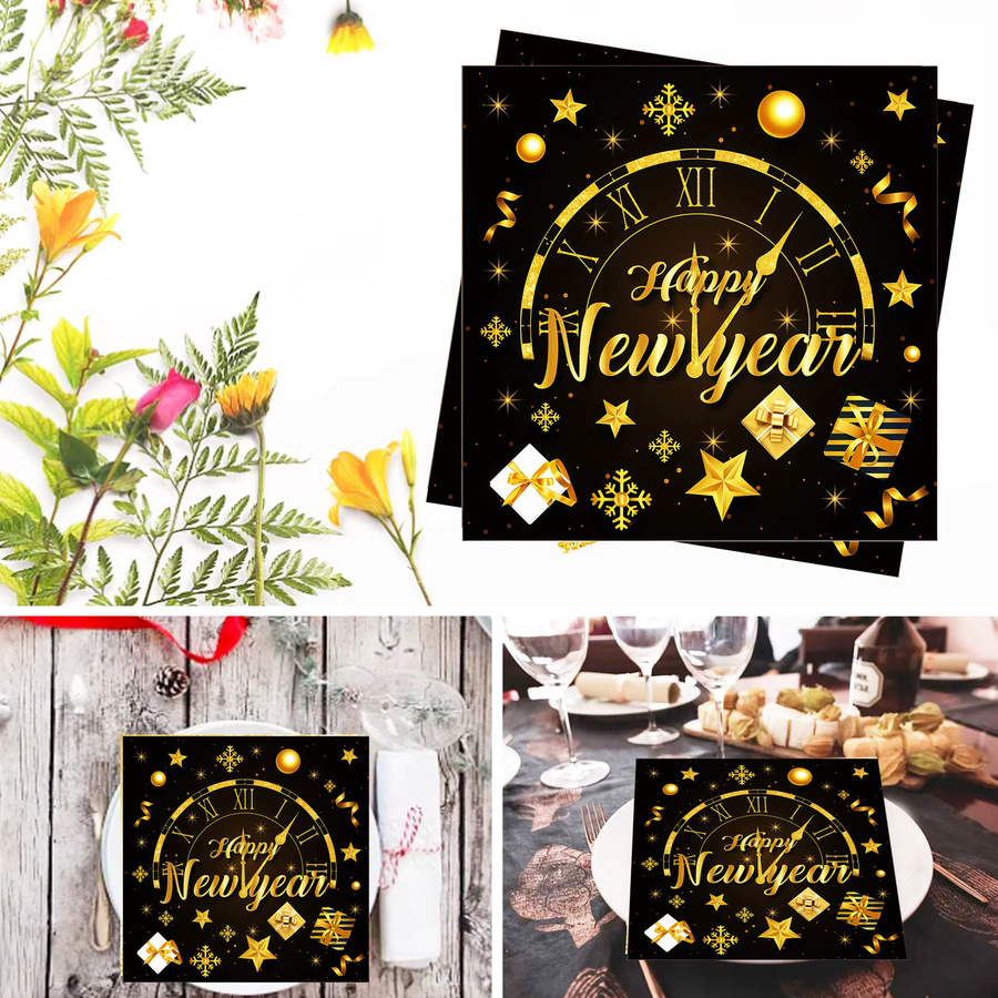 Servietten Frohes Neues Jahr 2026 Silvester-Dekoration schwarz-goldene Papierservietten - Bild 5