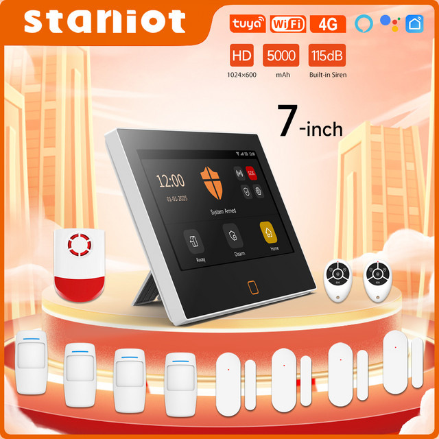 Staniot 7-Zoll Hausalarmsystem in Weiß, kabelloses WiFi und 4G Tuya Smart Security Protection Kit mit 115 dB Sirene und 5000 mAh Akku - Bild 1
