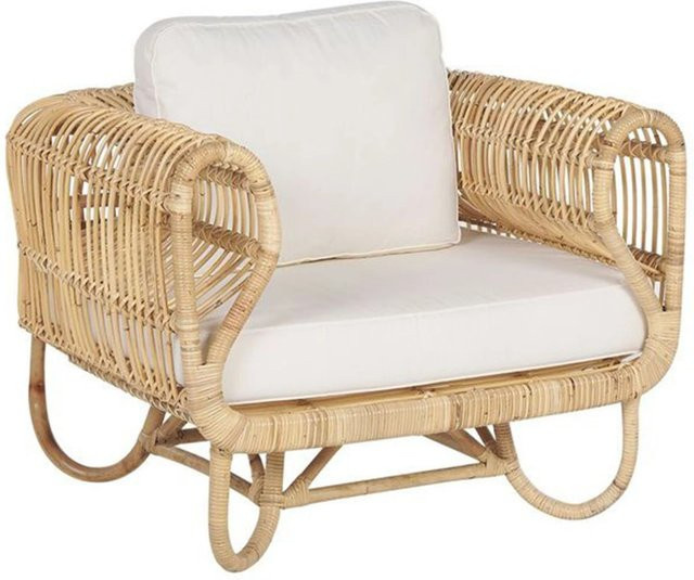 Beliani Boho Sessel aus Rattan in Beige und Weiss für Garten, Balkon oder Terrasse, B/T/H: 81 x 91 x 73 cm - Bild 1