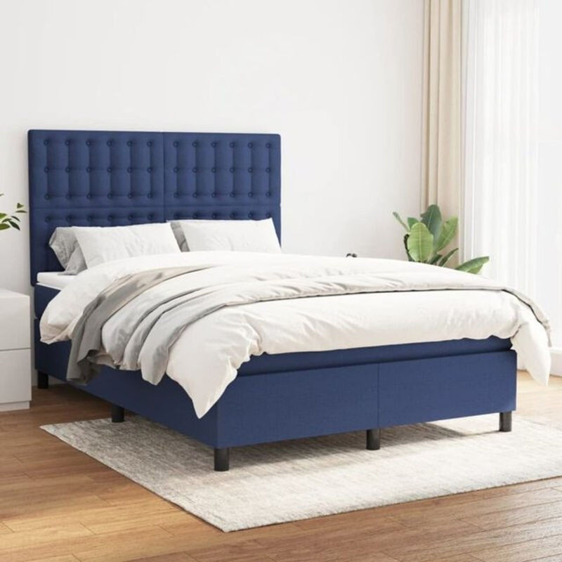 vidaxl Boxspringbett mit Matratze in Blau und Weiß aus Stoff, B/T/H: 140 x 190 cm - Bild 1