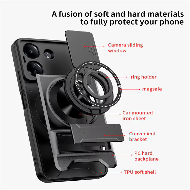 Magnetische Handyhülle für Xiaomi Redmi 13C und Poco C65 4G mit 360 Grad drehbarem Ring, Objektivschutzfenster und Halterung, Magsafe kompatibel - Bild 2