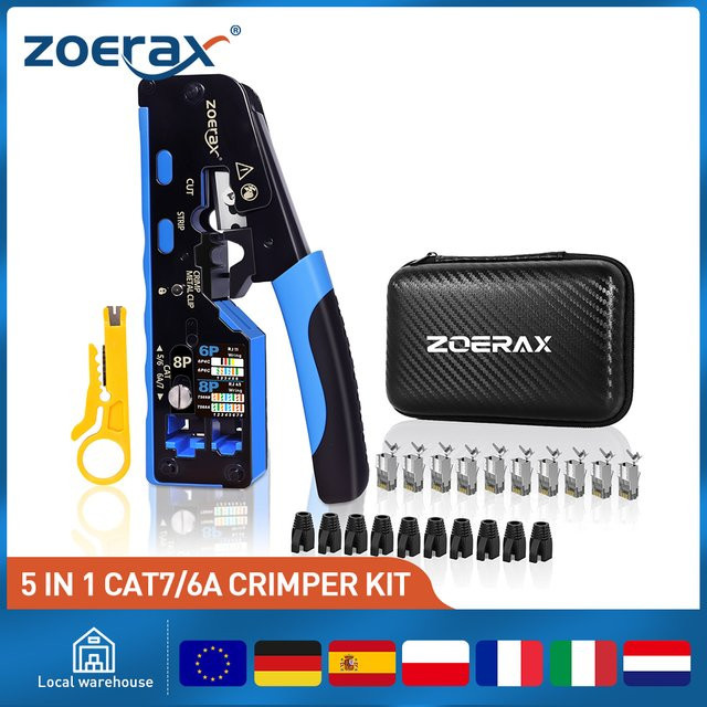 ZoeRax 5-in-1 RJ45-Stecker-Set mit Crimpwerkzeug, 10 Stück CAT7/6A Durchgangsanschlüsse, Abdeckungen, Abisolierzange und Klingen - Bild 1