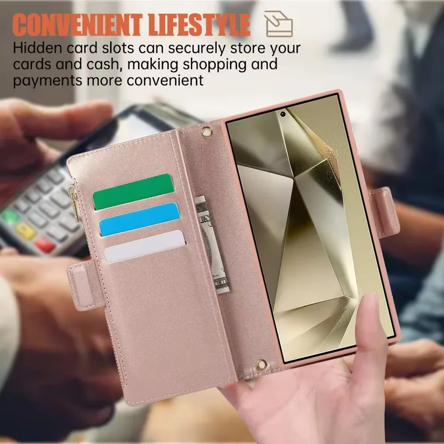 2 in 1 Handyhülle mit abnehmbarer Brieftasche und Crossbody-Armband für Samsung Galaxy S24 Ultra S23 FE S22 Plus A55 A15 in Gold oder Pink - Bild 3