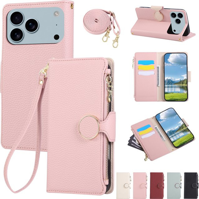 KELAPA Umhängetasche Handyhülle mit Lederarmband und Kartenfächern für iPhone, erhältlich in Beige und Pink - Bild 1