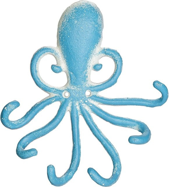 Relaxdays Wandhakenleiste Oktopus aus Gusseisen in Hellblau und Weiß mit 6 Haken, B/H/T: 16,5 x 15,5 x 4,0 cm - Bild 1