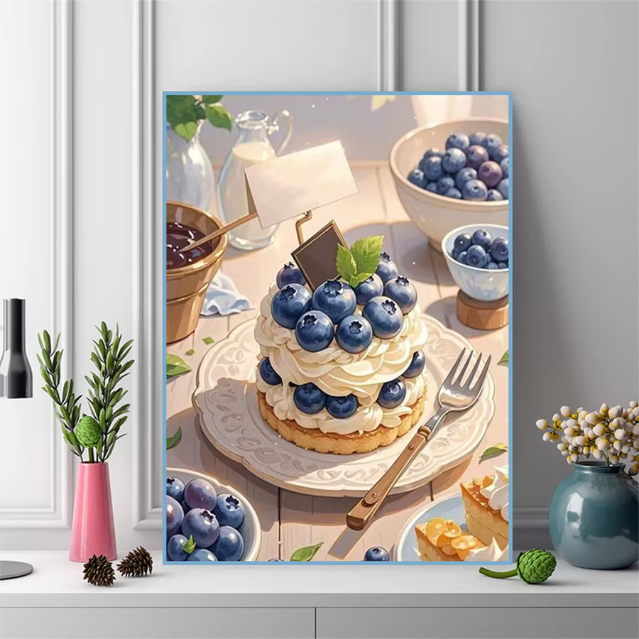 Momoart Diamantmalerei DIY Bild Blaubeeren Kuchen Motiv in Blau und Multicolour mit runden Strass-Steinen für Erwachsene - Bild 3