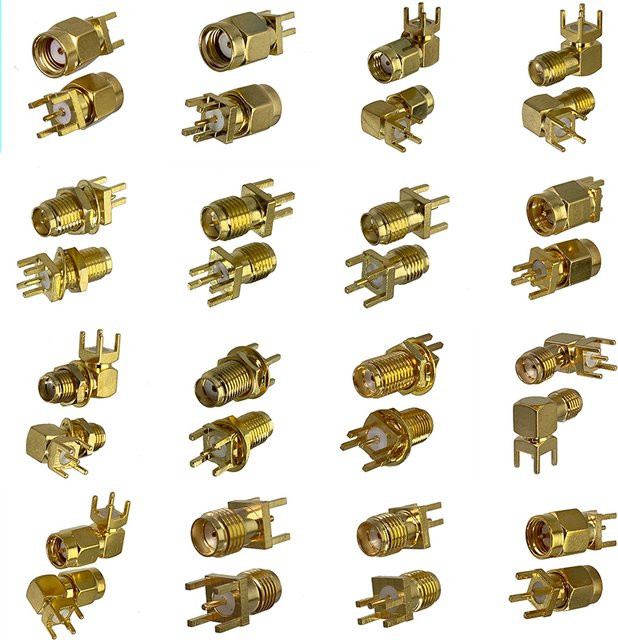 SMA RP Stecker und Buchse Lötanschluss mit PCB-Kantenclip Messing Koaxial-Konverter FJP-810 in Gold - Bild 1