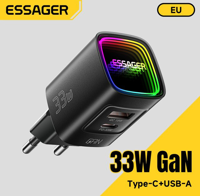 Essager GaN 33W USB Typ-C Ladegerät mit PD-Schnellladefunktion und RGB-Beleuchtung in Schwarz/Multicolor - Bild 1