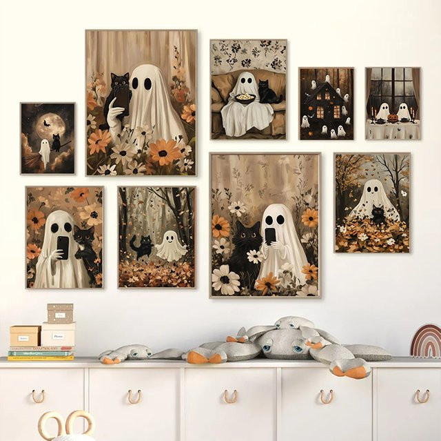 Potdemiel Halloween Leinwandgemälde Retro-Poster mit Geistern, Kürbis und schwarzer Katze in Schwarz und Multicolour - Bild 1