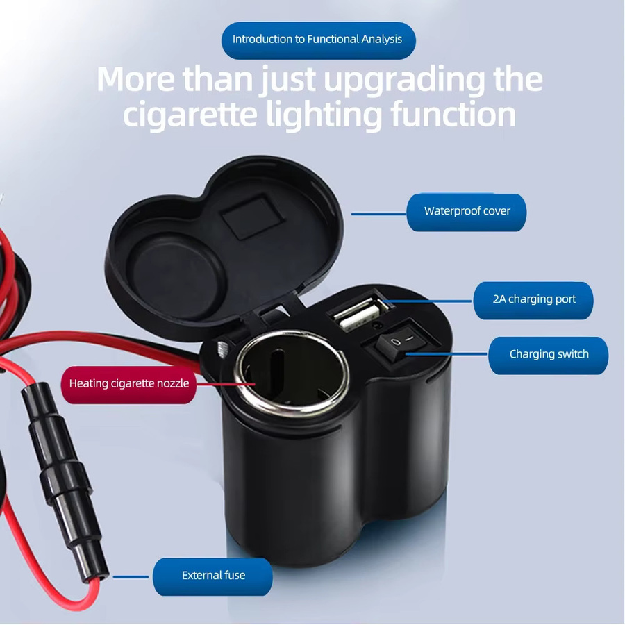 Wasserdichtes Motorrad USB Ladegerät mit Schalter für Zigarettenanzünder Buchse, Power Adapter in Schwarz mit USB-A und USB-C für Telefon und Navigation - Bild 2